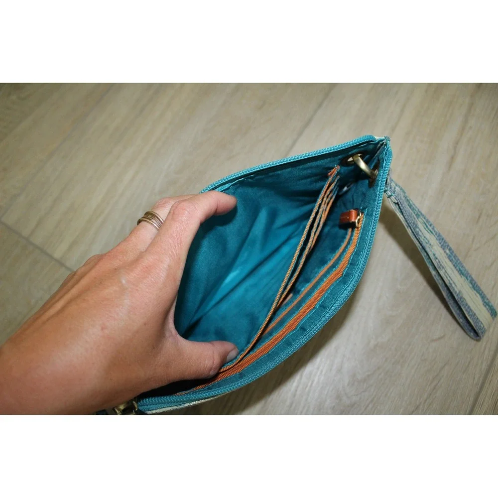 Hobo Teal Gold Cracked Glass Metallic Leather Vida Wristlet Clutch Wallet Zip